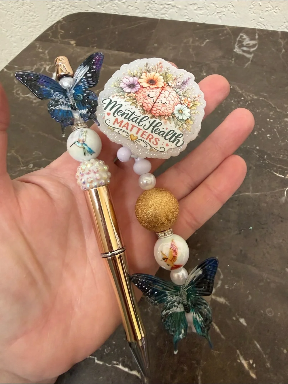 Mental Health Matters Butterfly Beaded Pen and Matching Badge Reel Set Handmade